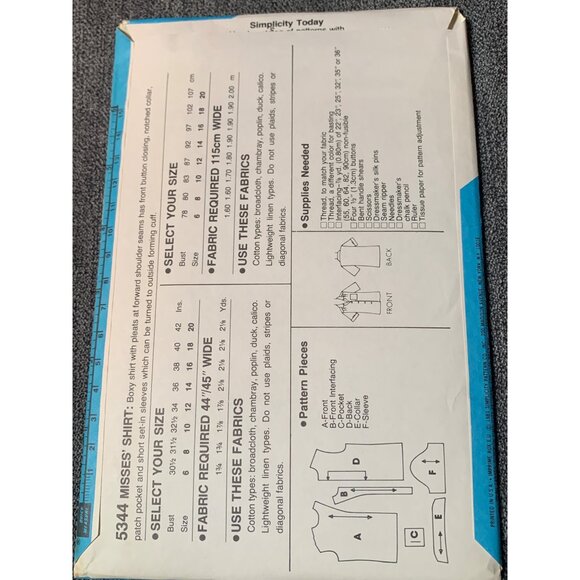 Simplicity Misses Shirt Sewing Pattern sz 12 5344 - uncut - Picture 3 of 3